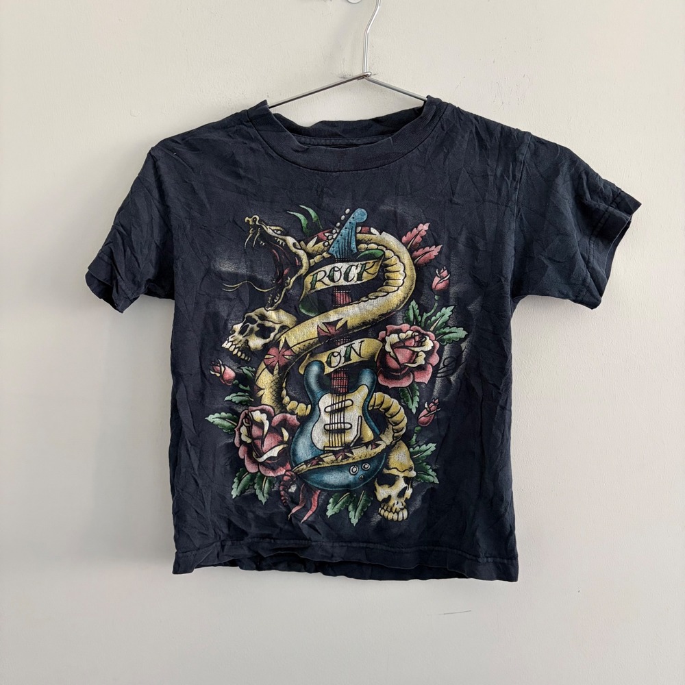 Vintage Ed Hardy Style Rock On Graphic T Shirt Black Skulls Snake Roses